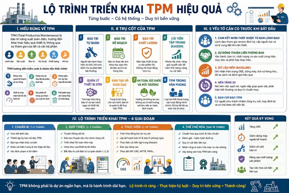 Lộ trình triển khai TPM 2026: Hướng dẫn chi tiết từng bước cho nhà máy sản xuất