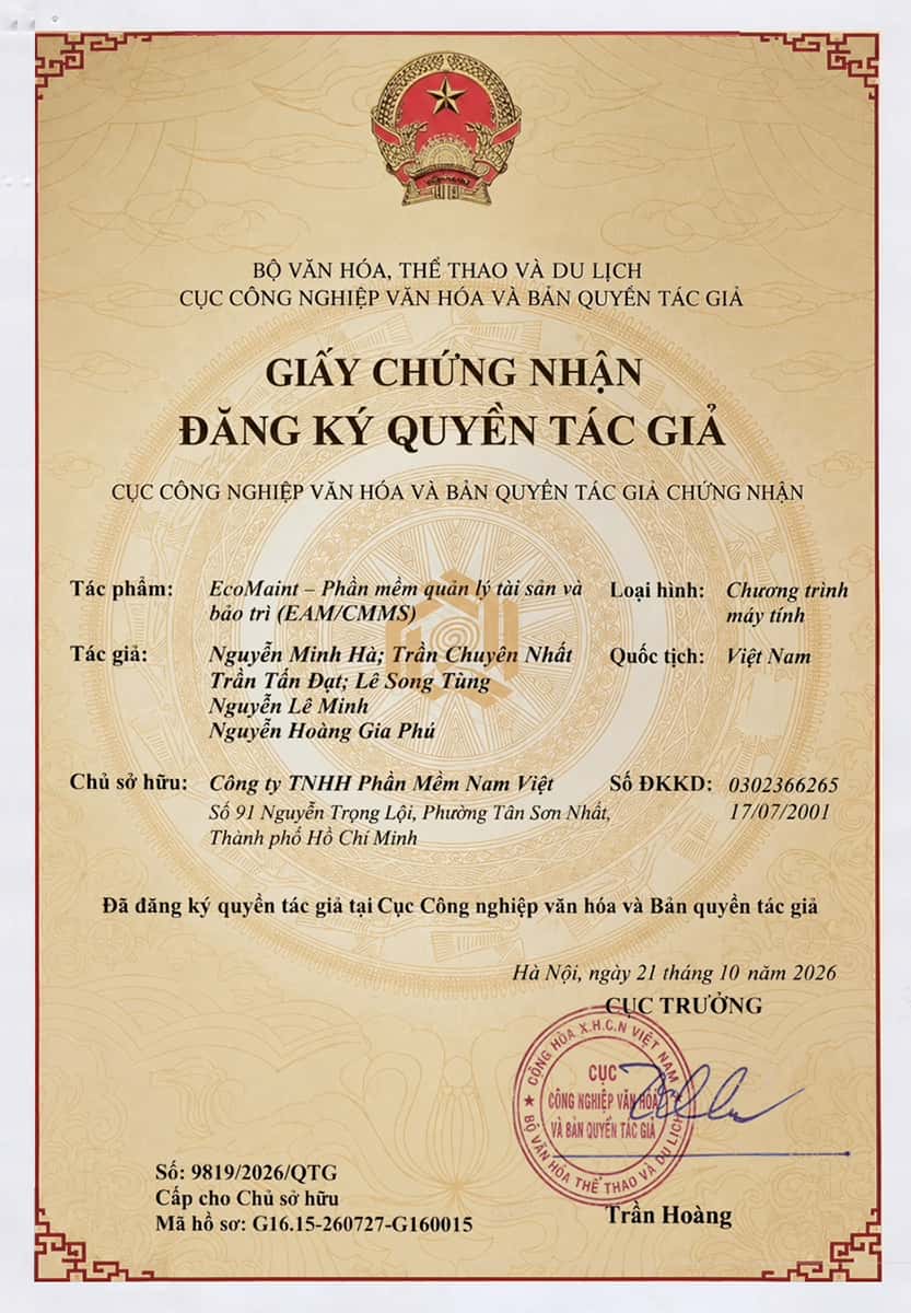 Giấy chứng nhận đăng ký quyền tác giả phần mềm EcoMaint số 9819/2026/QTG cấp ngày 21/10/2026